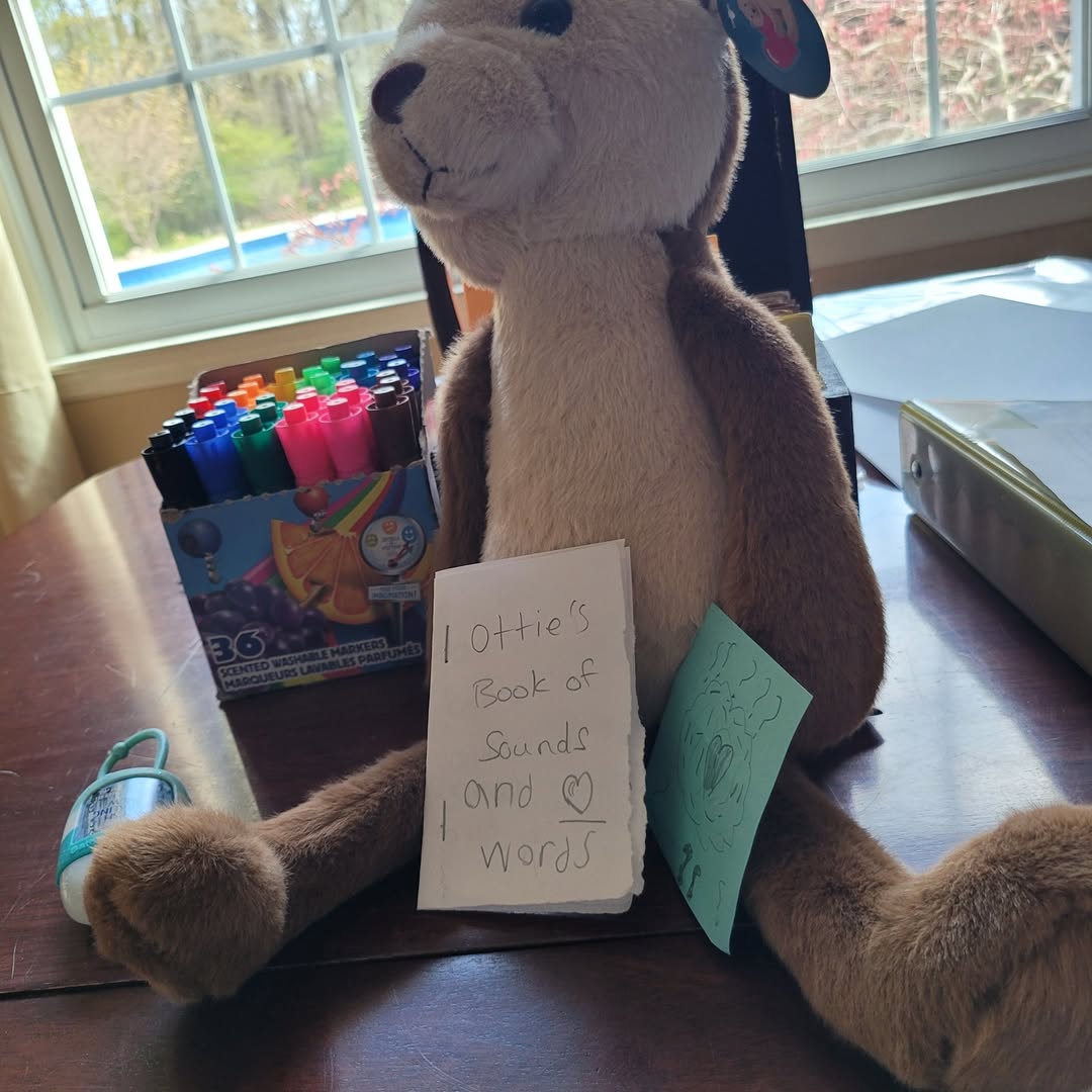 A stuffed bear with Ottie's Book of Sounds and markers